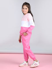 Girls Pink & White Color Blocked Tracksuit