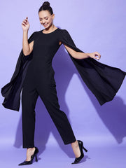 Women's Black Fitted Jumpsuit with Long Cape Sleeves