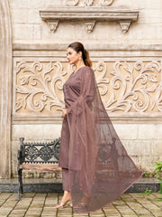 Brown color silk blend with thread & sequence work kurta & trouser with dupatta set