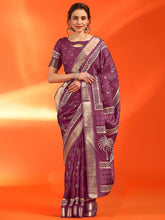 ساري نسائي من القطن والحرير مطبوع باللون الأرجواني بتصميم أنيق مع قطعة بلوزة