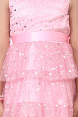 Girls MultiTier Embellished Pink Net Party Dress