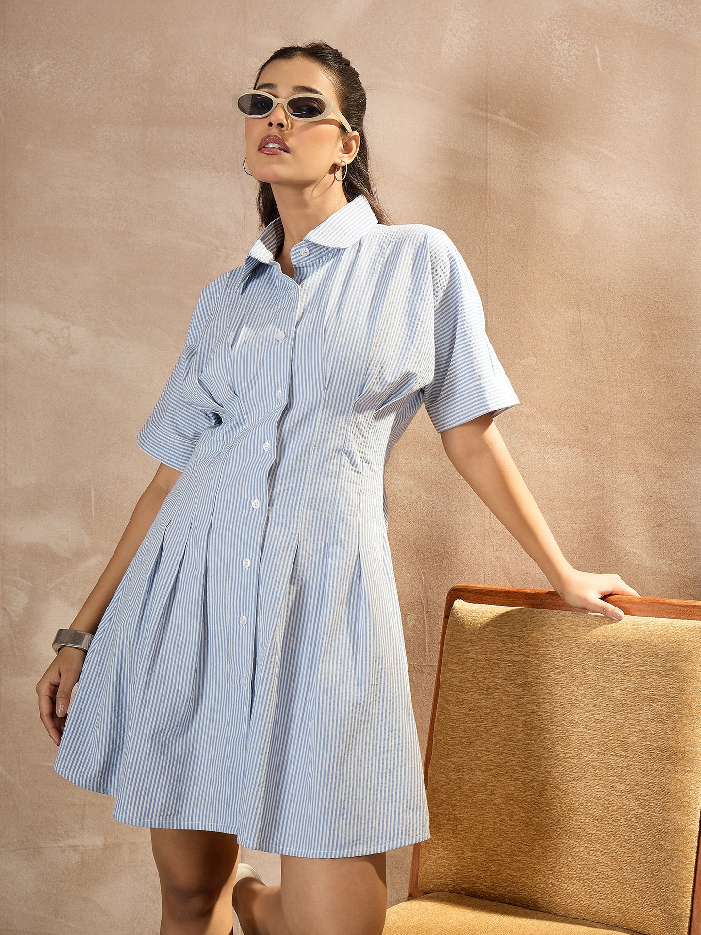 StyleStone Women's Cotton Blue Stripe Dress with Waist Fitting