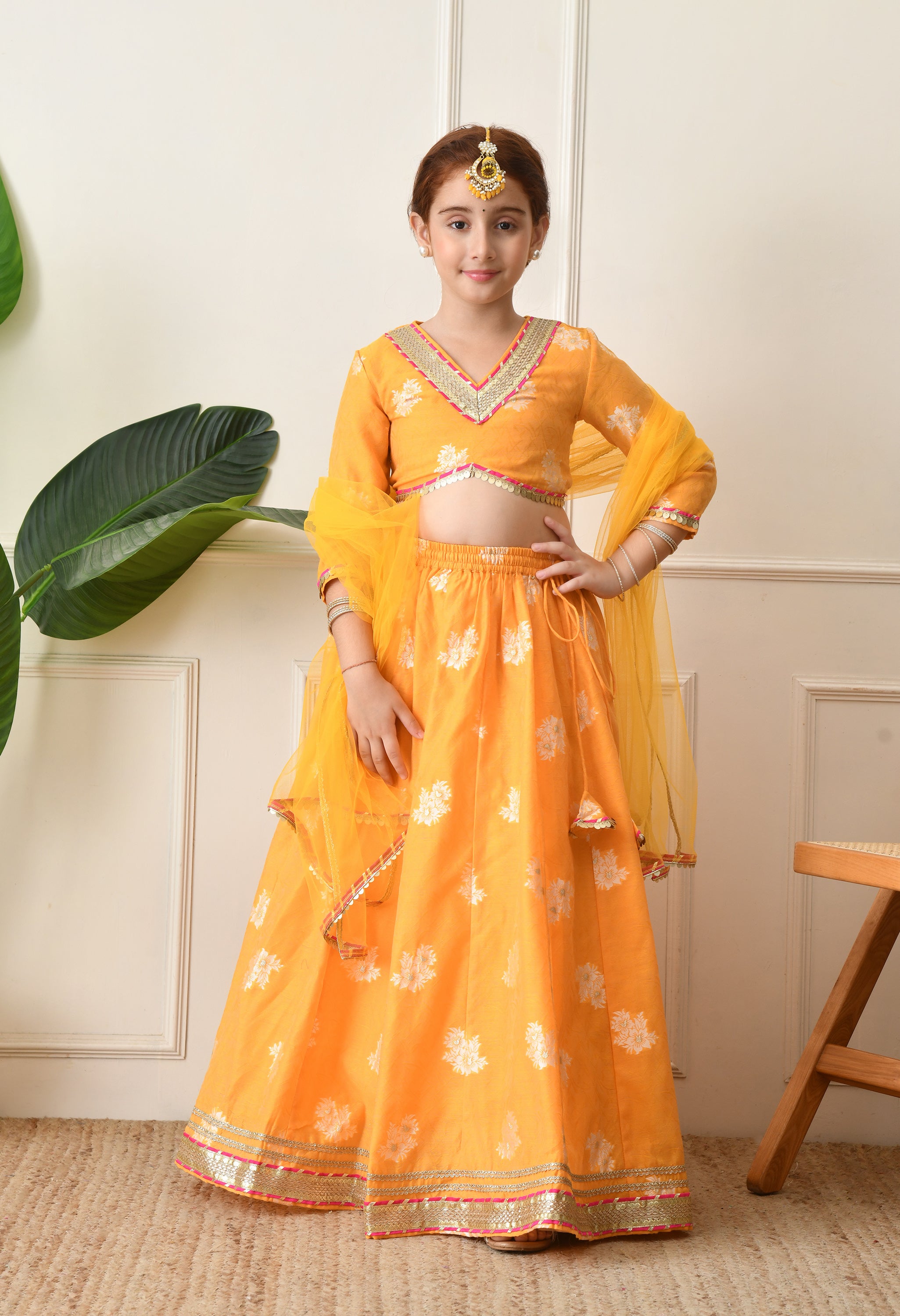 Girls Mustard Yellow Embroidered Lehenga Choli Set with Net Dupatta