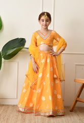 Girls Mustard Yellow Embroidered Lehenga Choli Set with Net Dupatta