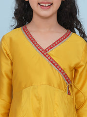 Solid Three-Fourth Sleeves Above Knee Length Silk Kurta With Trousers - Yellow