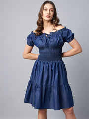 Women's Peasant Style Smocked Waist Denim Dress