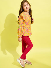 Girls Yellow floral Printed One Shoulder top and Jeggings Set