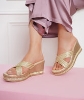 Gold Casual Wedge Open Back 3 inches Wedge Heels
