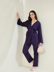 Women's Purple Textured Shrug & Pant Set (inner not included)