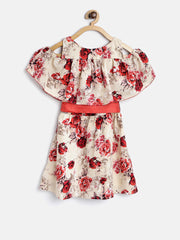 Girls Cold Shoulder Floral Printed dress with Belt
