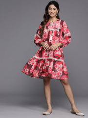 Varanga Women Maroon And Peach Floral Printed Lace Detail Tiered Dress