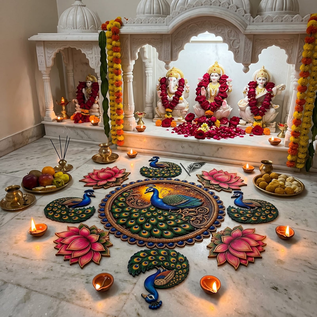 MDF Rangoli Set | Peacock lotus | 9 Pcs