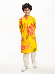 Boys yellow & red floral printed kurta with a off white pajama