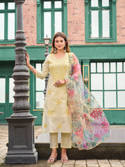 Yellow color pure cotton with thread embroidered kurta & trouser with printed dupatta set