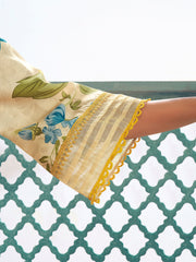 بهاما كوتور - طقم كورتة مطبوع عليه زهور متعددة الألوان (بيج، أزرق، أصفر) باللون البيج والأزرق.