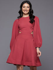Varanga Women Rust Round Neck, Cut-Out Detail On Waist, Knee Length Dress