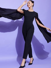 Women's Black Fitted Jumpsuit with Long Cape Sleeves