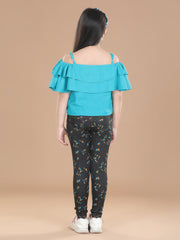 Girls Cotton Floral Printed Jegging and Blue Top Set