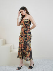 Women Abstract Printed Strapless Gathered or Pleated Bandeau Midi Dress