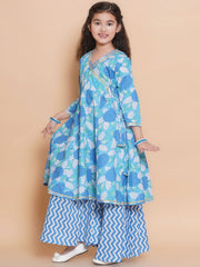 Girls Blue Floral Printed Angrakha Kurta with Sharara