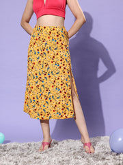 تنورة ميدي نسائية بفتحة جانبية مزينة بالزهور - أصفر