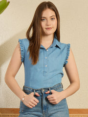 Women's Denim Top with Frill Detail