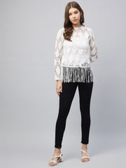 بلوزة نسائية بيضاء شفافة من الدانتيل مع شراشيب (البطانة الداخلية غير متوفرة)