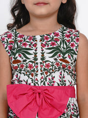 Cotton Blend Woven Sleeveless Flower Print Flared Frock - Green