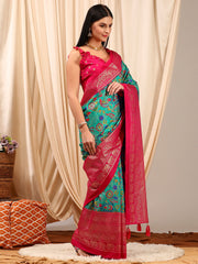 ساري نسائي أزرق مطبوع مطبوع من مزيج القطن مع قطعة بلوزة