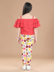 Girls Cotton Floral Printed Jegging and Red Top Set