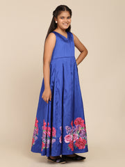 Poly Blends Woven Sleeveless Flower Print Flared Frock - Blue