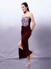 Women Sequinned Embellished Strapless Sheath Maxi Dress