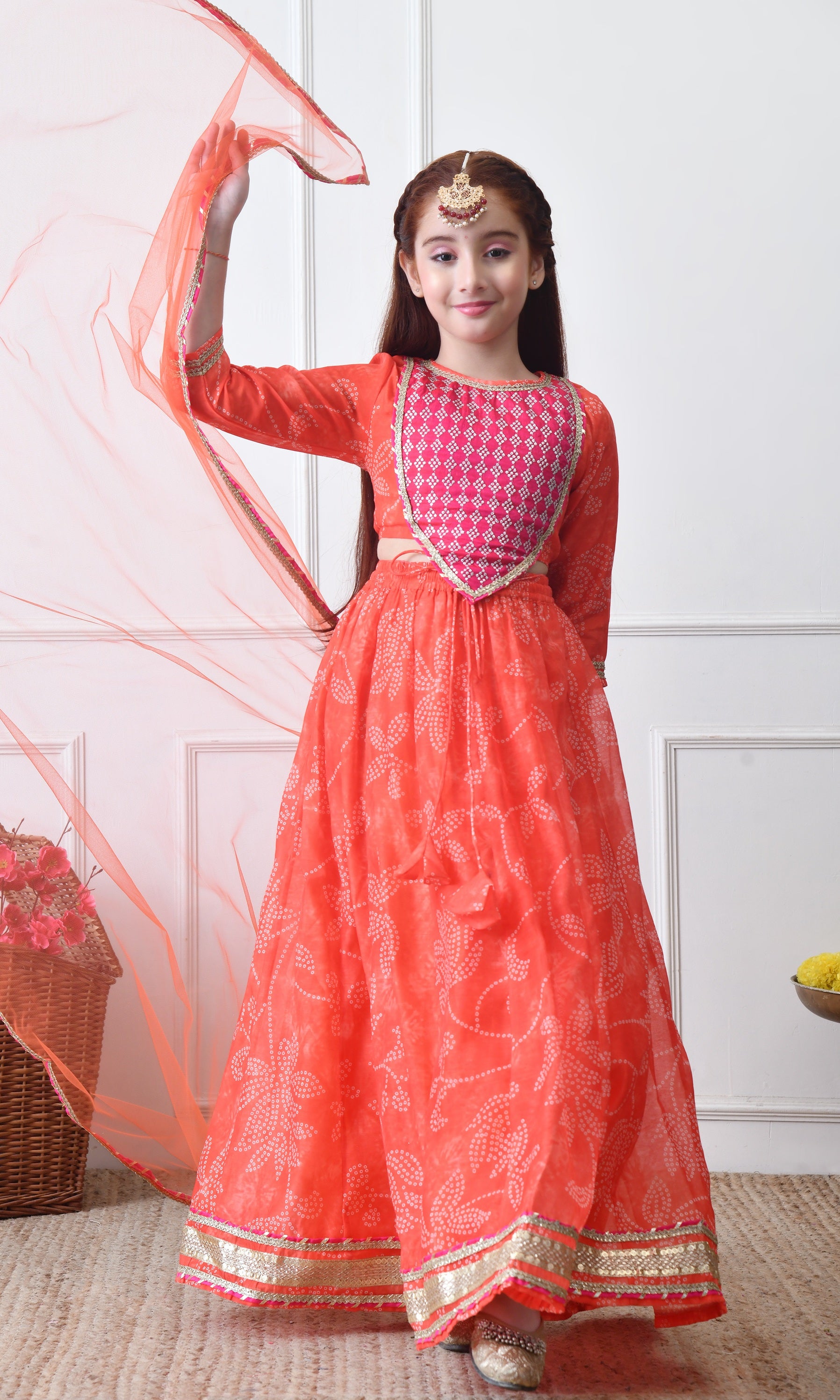 Girls Orange Printed Lehenga Choli Set with Dupatta