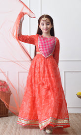 Girls Orange Printed Lehenga Choli Set with Dupatta