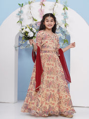 Girls Beige & Red Georgette Ready to wear Lehenga & Choli