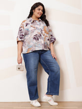 Plus Size Floral Print Kimono Sleeve Linen Shirt Style Top