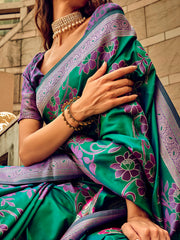 Women's Satin Silk Teal green Woven Design Designer Saree With Blouse Piece