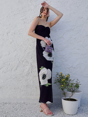 Black Floral Printed Strapless Maxi Dress