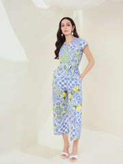 Women's Blue Rayon Porcelain Printed Jumpsuit