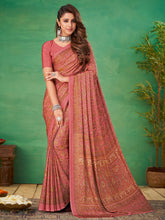 ساري نسائي وردي مطبوع من الكريب مع قطعة بلوزة