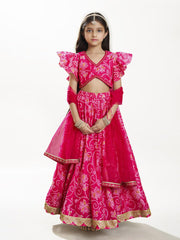 Girls Pink & White Bandhej Digital Print Ready to Wear Lehenga With Choli