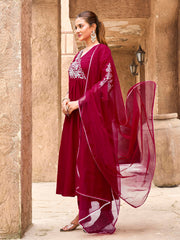 Red color rayon white thread embroidered A line kurta & trouser with dupatta set