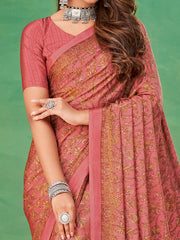 ساري نسائي وردي مطبوع من الكريب مع قطعة بلوزة