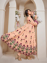 Peach Floral Printed Flared Tier Anarkali Kurta with Palazzos Dupatta.