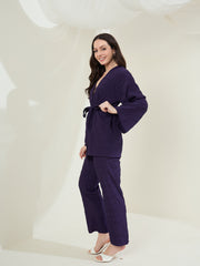 Women's Purple Textured Shrug & Pant Set (inner not included)