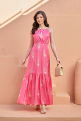 Hot Pink Tiered Fit Satin Maxi Dress
