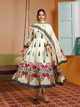 Off White Floral Printed Anarkali Flared Kurta with Palazzos Dupatta.