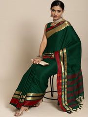 Women's Aura Silk Green WovenDesign DesignerSaree With Blouse Piece