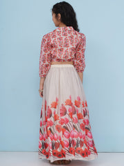Girls Indo-Western Grey & Pink Tulip Flower Digital Printed Lehenga Choli.