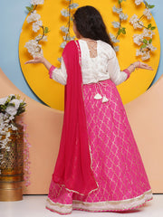Girls Off white Choli, Pink Foil Printed Lace work Lehenga with Dupatta